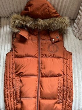 Kids Orange Puffer Vest with Faux Fur Hood